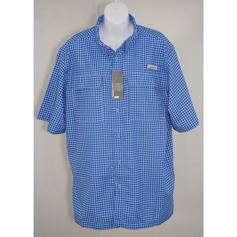 Habit Large Fishing Shirt Blue Gingham Plaid Short Sleeve Vent Back UPF 50+